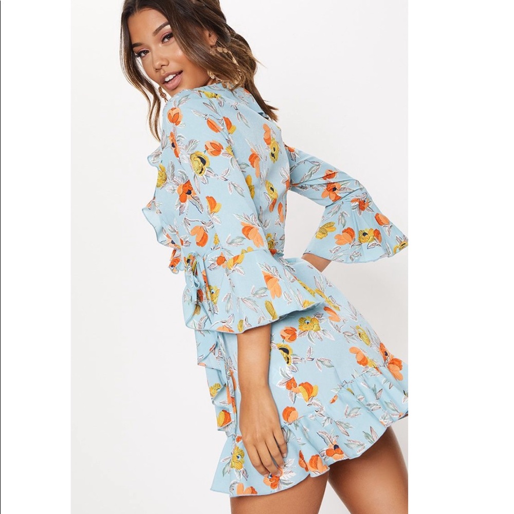Pretty Little Thing Blue & Orange Floral Ruffle Wrap Dress - Picture 4 of 10